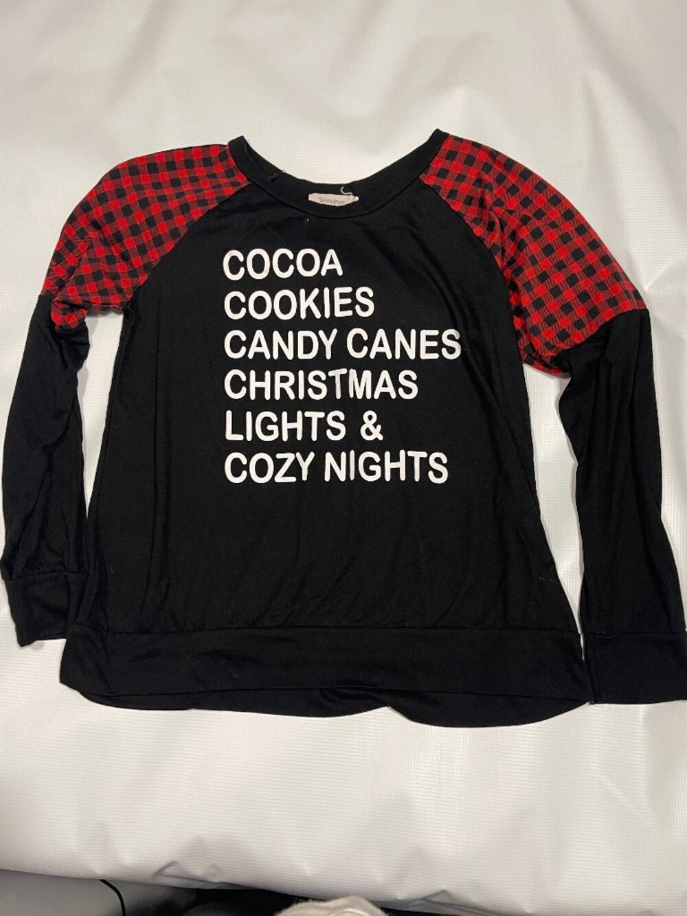 Wanderer by Southern Grace Christmas List Top, Black with Buffalo Plaid Sleeves,